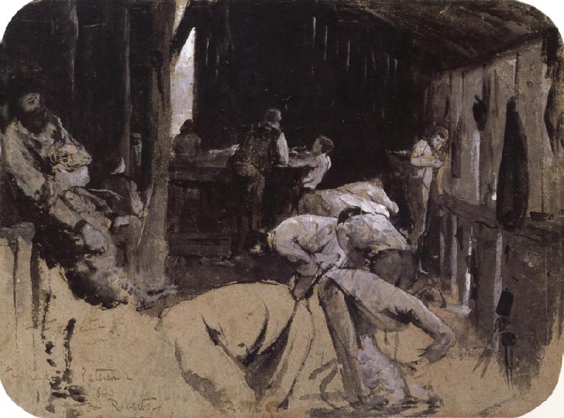 Tom roberts First sketch for Shearing the Rams